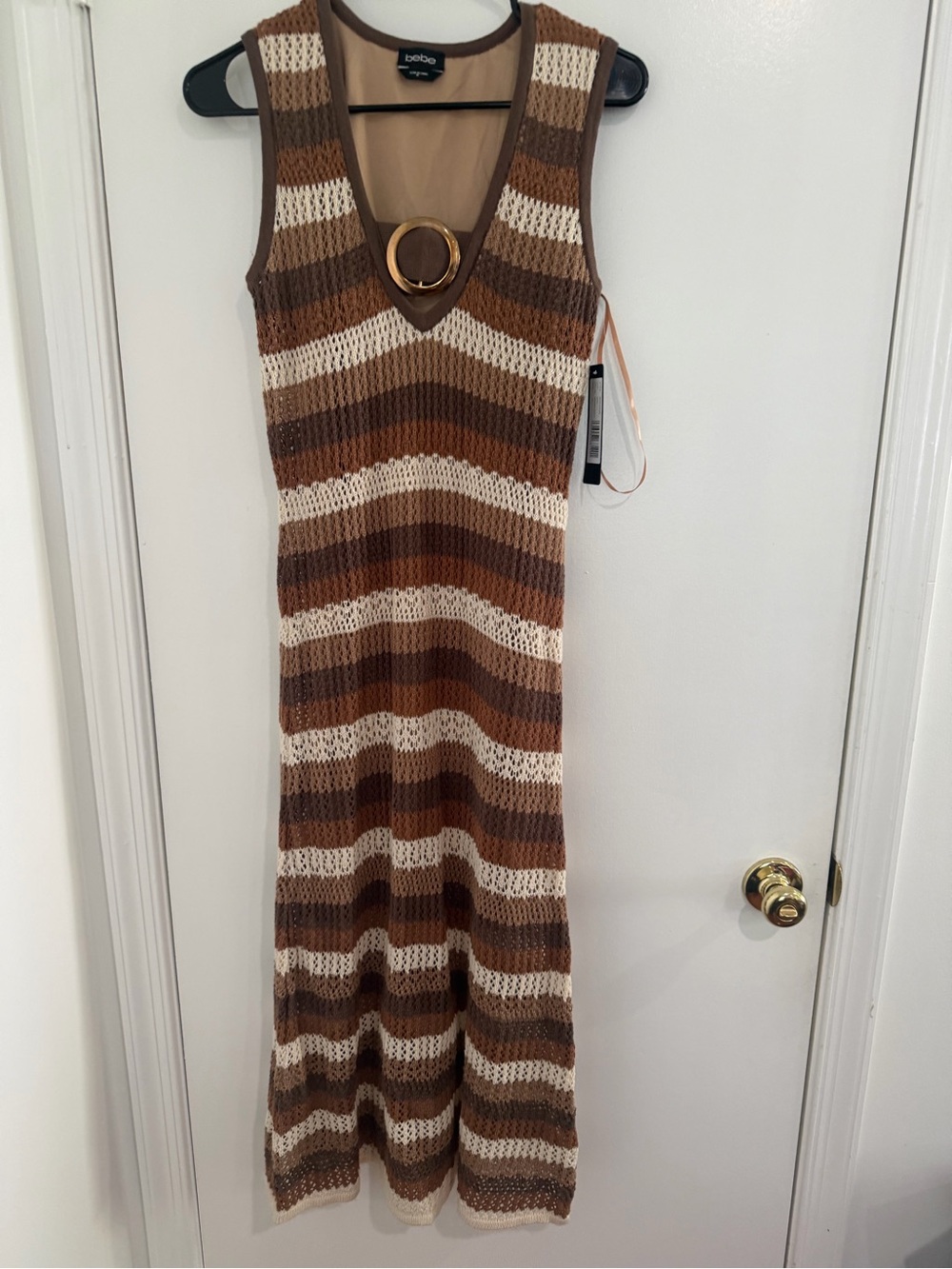 Bebe Crochet Knit Midi Dress Medium Brown Beige Stripe Sleeveless Boho 70s Y2K